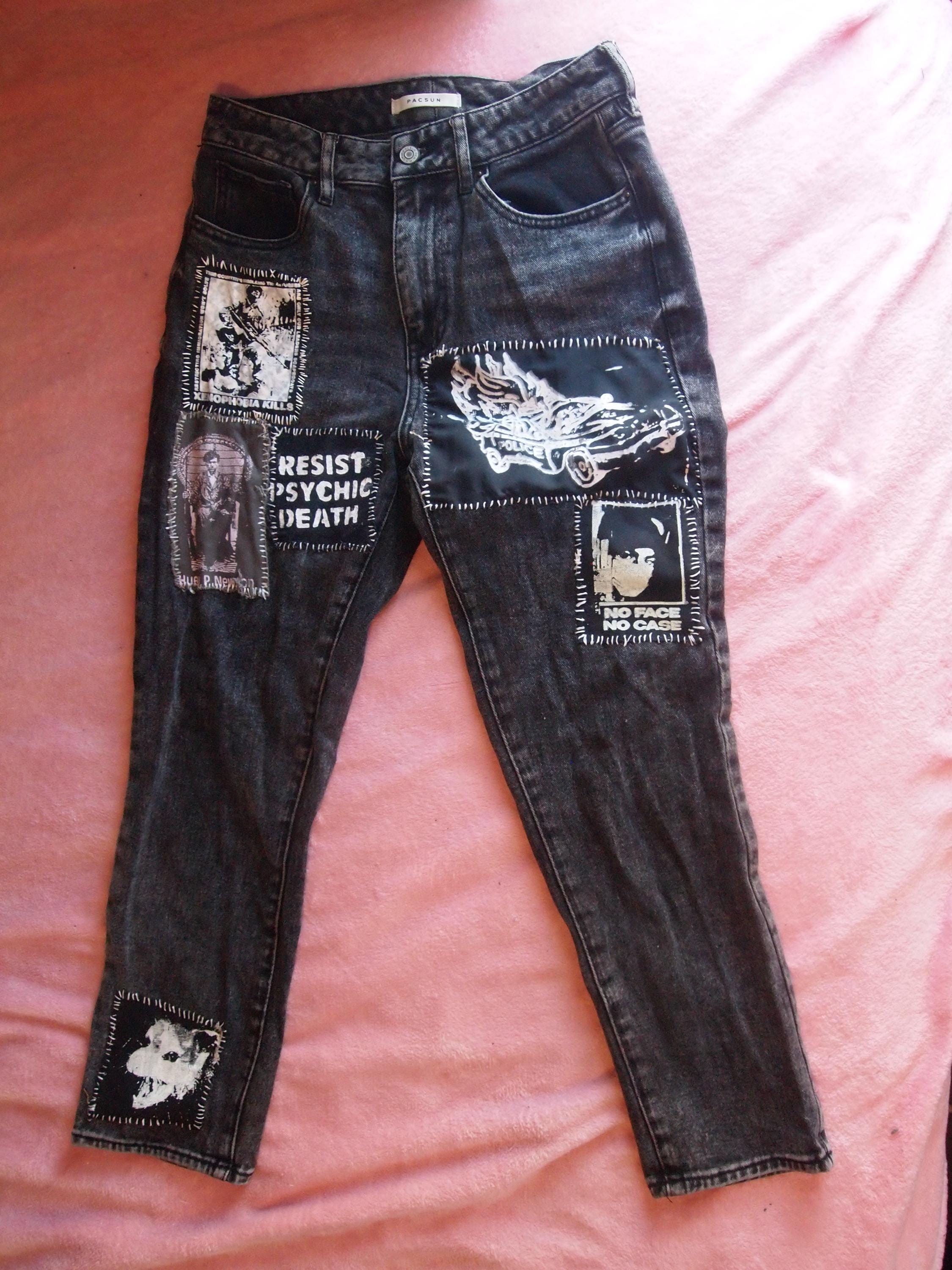 Custom Distressed Vintage Punk Patched Black Mom Jeans Sz 26