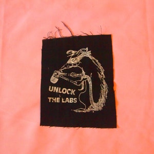 May include: Black fabric patch with a white outline of a rat holding a test tube. The text "UNLOCK THE LABS" is printed below the rat.