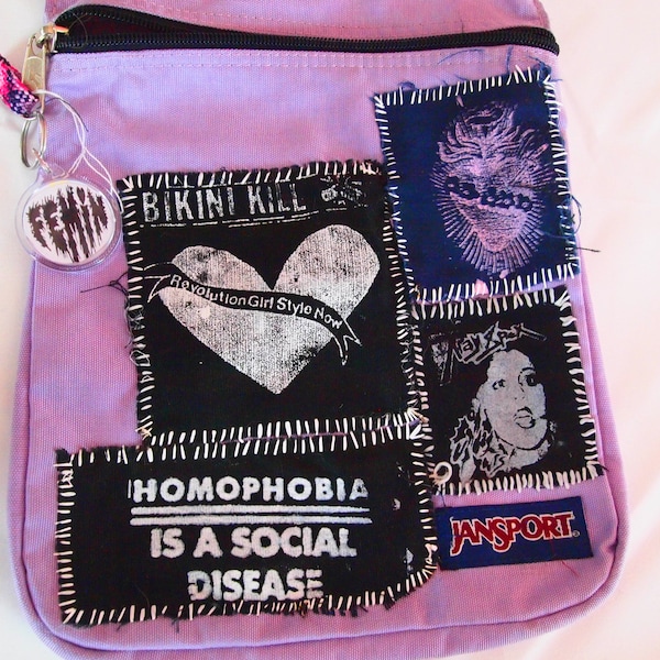 Purple Patched Custom Jansport Shoulder Crossbody Bag - Bikini Kill X-Ray Spex Riot Grrrl Queer Punk Queercore