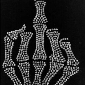 Puede incluir: Imagen en blanco y negro de una mano haciendo el gesto del dedo medio. La mano está hecha de pequeños adornos redondos y brillantes de color plateado, creando un efecto esquelético. El fondo es negro liso.