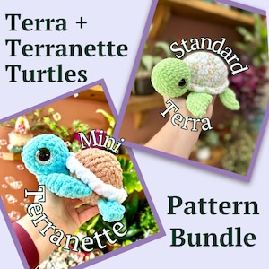 May include: A crochet pattern bundle for making two crocheted turtle amigurumi toys. The bundle includes patterns for a standard size Terra turtle and a mini Terra turtle. The image shows both finished crocheted turtles.