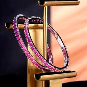 Luxury Pink Ruby Inspired Silver Bangle, Elegant Bridal Stack Bracelet Set, Premium Party Wear Jewelry, International Fashion Statement Gift