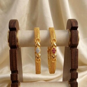 Premium Gold Plated Bangles Set With Ruby And Cz Accents, Handcrafted Luxury Bangles Pair, Elegant Gold Bangles For Special Occasions.....