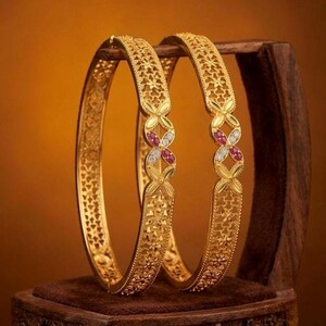 Premium Gold Plated Floral Bangles, Dazzling Ruby Stone Designer Bangle Pair, Luxury Bridal Jewelry, Elegant Wedding Accessory, Gift For Her