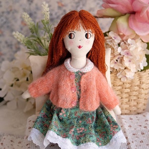 Heirloom textile doll with flowery dress and a handcrocheted necklace, Soft embroidered doll, Decorative doll for girl room image 1