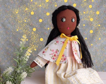 Dark skin textile doll with a flowery cape and a striped dress, Spring rag doll with removable cloths, Decorative doll for girls room