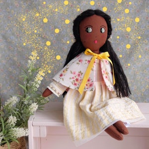 Dark skin textile doll with a flowery cape and a striped dress, Spring rag doll with removable cloths, Decorative doll for girls room image 1