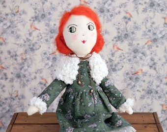 Vintage handmade doll, Redhead doll, Green dress cloth doll, Handmade doll for girls, Girl room decor, Heirloom Doll, Soft embroidered doll,