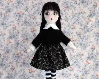 Wednesday Addams fabric doll, Gothic handmade doll with removable clothes, Creepy rag doll for girls, Goth soft doll with hand-knit sweater