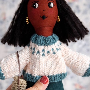 Black heirloom doll, Stylish doll, Handmade modern doll with hand knitted sweater, African american doll image 3