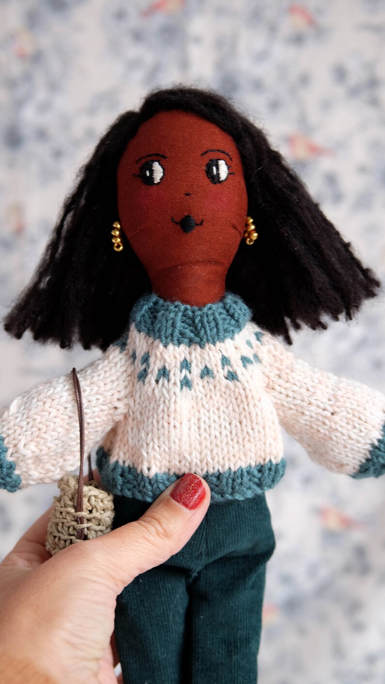 Black heirloom doll, Stylish doll, Handmade modern doll with hand knitted sweater, African american doll image 3