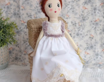 Princess doll with long dress and a handknitted fur cape, Heirloom doll, Gift for girls, Decorative doll for girl room, One of a kind doll