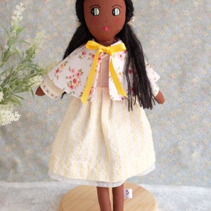 Dark skin textile doll with a flowery cape and a striped dress, Spring rag doll with removable cloths, Decorative doll for girls room image 2