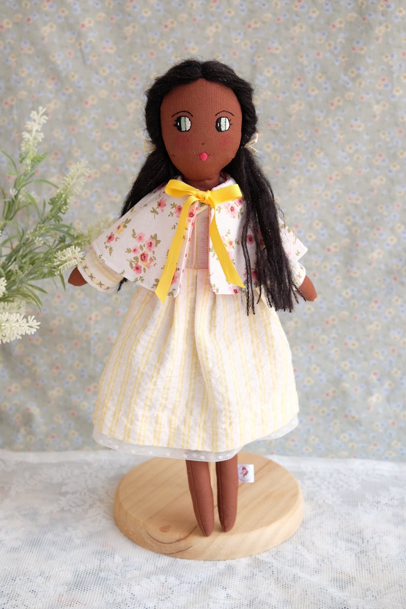 Dark skin textile doll with a flowery cape and a striped dress, Spring rag doll with removable cloths, Decorative doll for girls room image 2