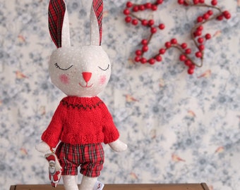 Christmas gift for kids, Linen stuffed bunny with a red hand knitted sweater, Heirloom stuffed bunny doll, Bunny toys for kids,