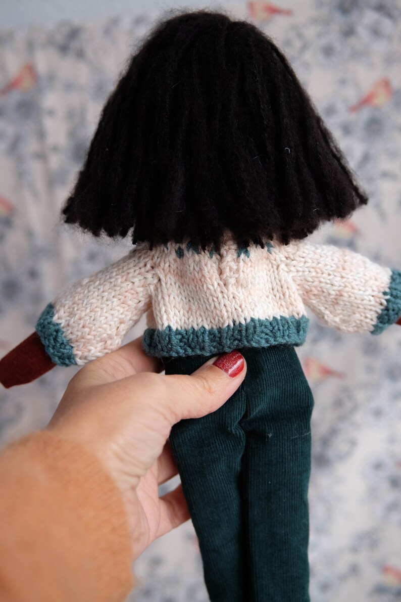 Black heirloom doll, Stylish doll, Handmade modern doll with hand knitted sweater, African american doll image 5