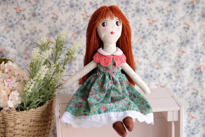 Heirloom textile doll with flowery dress and a handcrocheted necklace, Soft embroidered doll, Decorative doll for girl room image 3