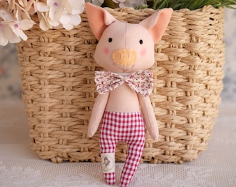 Cute mini piggy doll with bow tie, Birthday gift for kids, removable, Soft animal toys for boys, Piggy son of pig's family