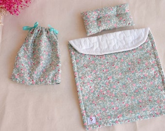 Doll accessories for miniature bed, 2 piece bedding for dolls, Miniature liberty quilt pillow and nightgown, Bed linen for dolls,