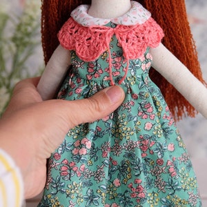 Heirloom textile doll with flowery dress and a handcrocheted necklace, Soft embroidered doll, Decorative doll for girl room image 6