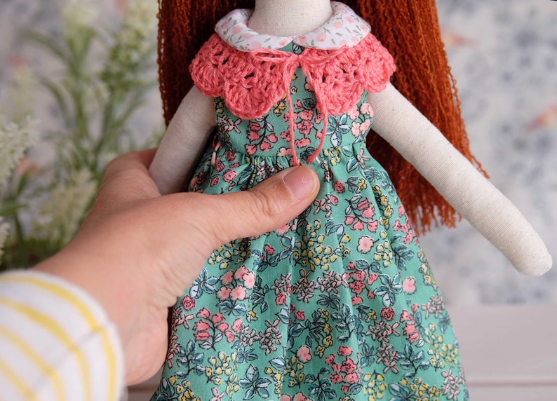 Heirloom textile doll with flowery dress and a handcrocheted necklace, Soft embroidered doll, Decorative doll for girl room image 6