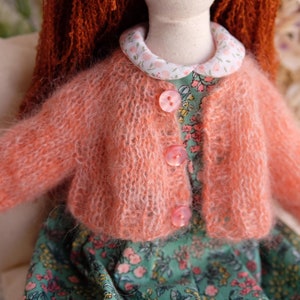 Heirloom textile doll with flowery dress and a handcrocheted necklace, Soft embroidered doll, Decorative doll for girl room image 2