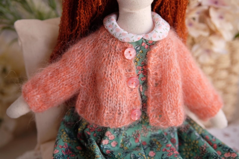 Heirloom textile doll with flowery dress and a handcrocheted necklace, Soft embroidered doll, Decorative doll for girl room image 2