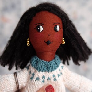 Black heirloom doll, Stylish doll, Handmade modern doll with hand knitted sweater, African american doll image 2