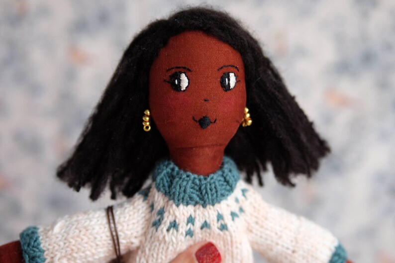 Black heirloom doll, Stylish doll, Handmade modern doll with hand knitted sweater, African american doll image 2