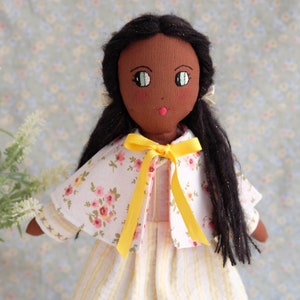 Dark skin textile doll with a flowery cape and a striped dress, Spring rag doll with removable cloths, Decorative doll for girls room image 3