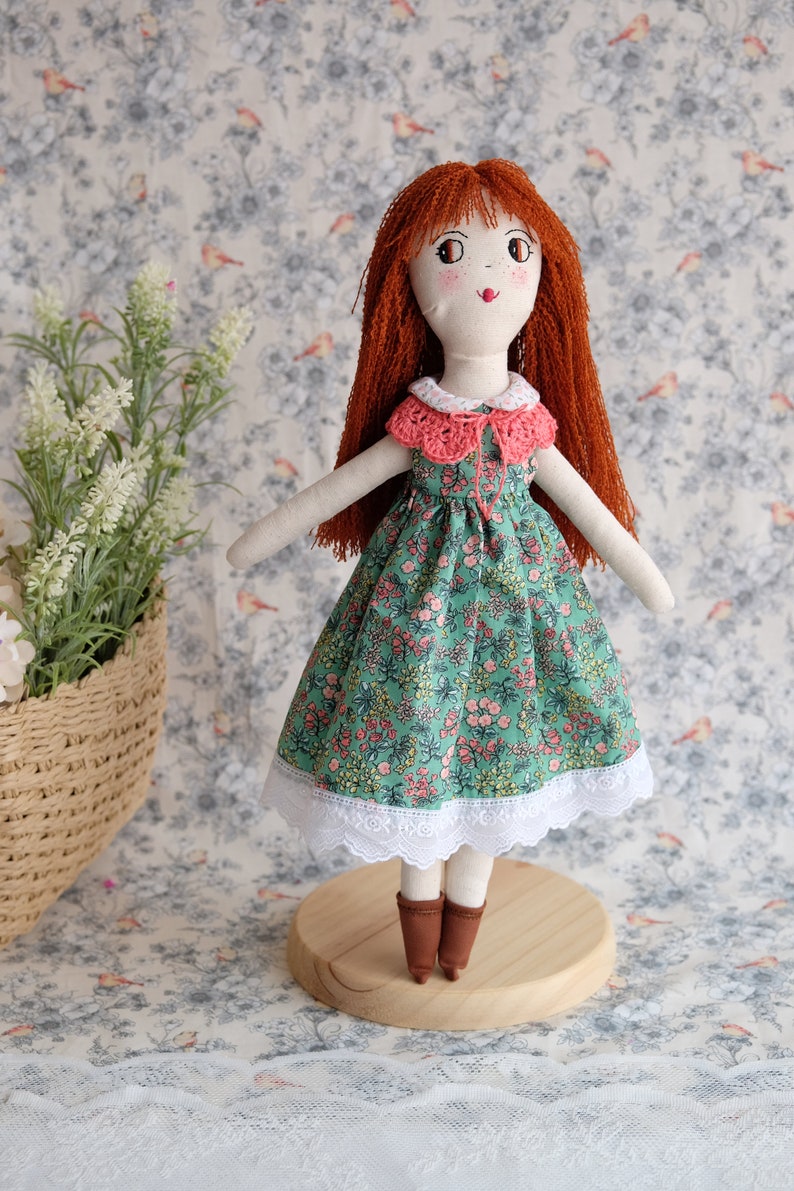 Heirloom textile doll with flowery dress and a handcrocheted necklace, Soft embroidered doll, Decorative doll for girl room image 5