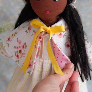 Dark skin textile doll with a flowery cape and a striped dress, Spring rag doll with removable cloths, Decorative doll for girls room image 4