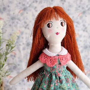 Heirloom textile doll with flowery dress and a handcrocheted necklace, Soft embroidered doll, Decorative doll for girl room image 8