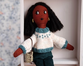 Black heirloom doll, Stylish doll, Handmade modern doll with hand knitted sweater, African american doll