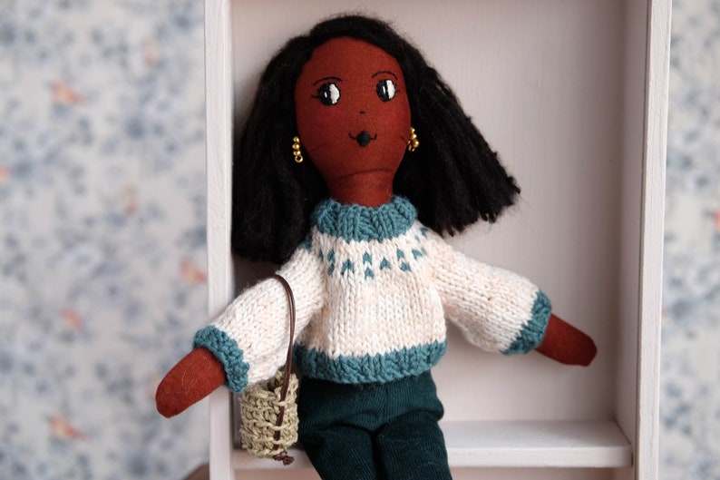 Black heirloom doll, Stylish doll, Handmade modern doll with hand knitted sweater, African american doll image 1