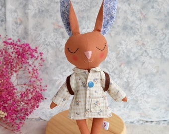 Back to school bunny doll with felt backpack and beige gingham nursery gown, Stuffed bunny rabbit, Gifts for kids and babies