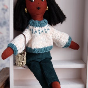 Black heirloom doll, Stylish doll, Handmade modern doll with hand knitted sweater, African american doll image 7