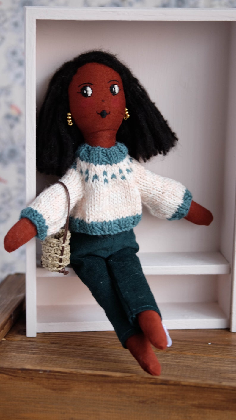 Black heirloom doll, Stylish doll, Handmade modern doll with hand knitted sweater, African american doll image 7