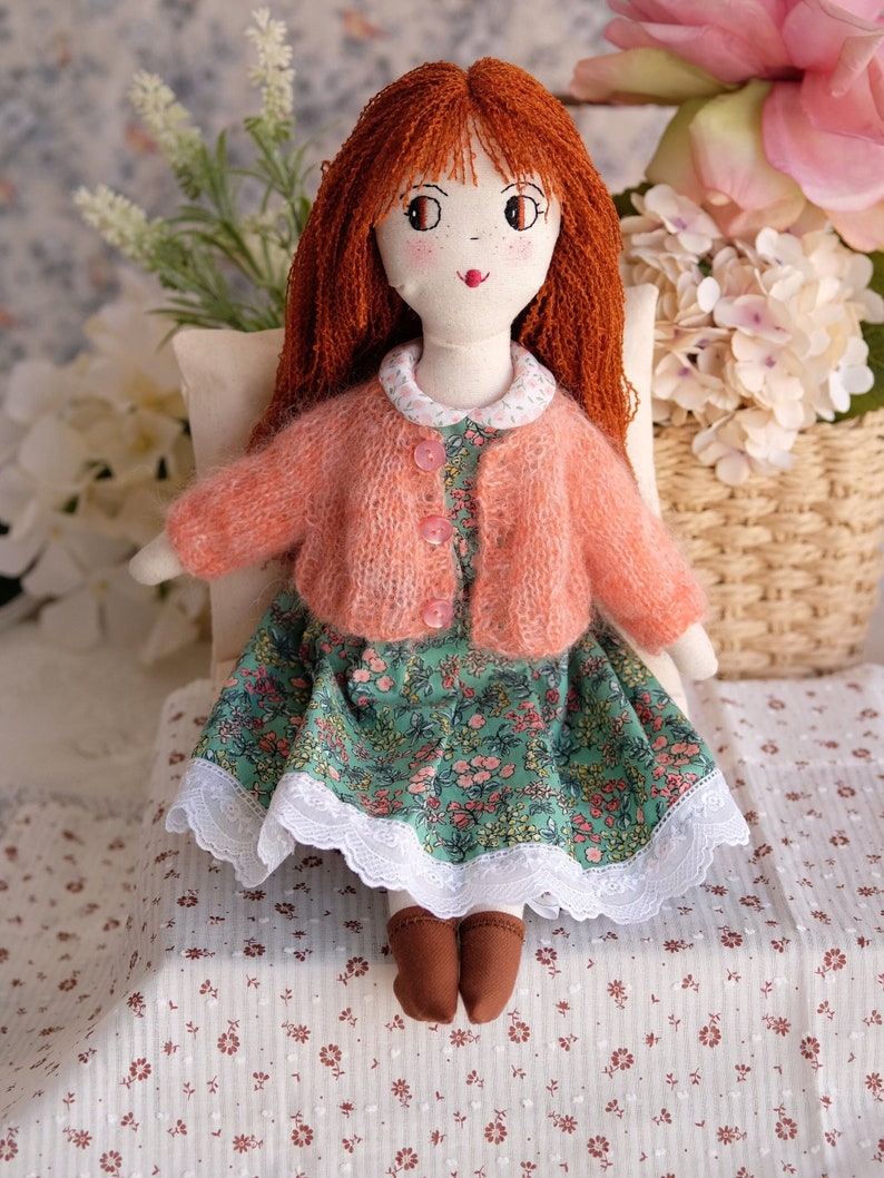 Heirloom textile doll with flowery dress and a handcrocheted necklace, Soft embroidered doll, Decorative doll for girl room image 1