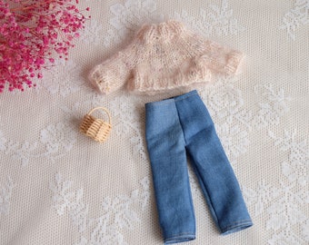 Autumn outfit for rag doll, Hand knitted doll sweater and jeans, Doll's wardrobe, Playful doll fashion