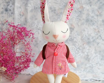 School bunny doll with felt backpack and red gingham nursery gown, Cotton rabbit toy, Stuffed bunny rabbit, Preschool gift for toddlers