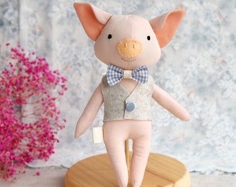 Handmade stuffed piggy toy with smart clothes, birthday gift for boys, piggy toy with removable clothes