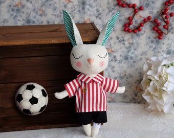 Soccer gifts for kids, Cotton stuffed bunny with footballer clothes, Sporty bunny doll, Bunny toys for kids,