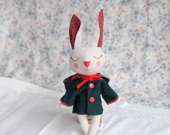 Linen stuffed bunny with green coat, Heirloom stuffed bunny doll, Unique gifts for kids, Bunny rabbit with removable clothes
