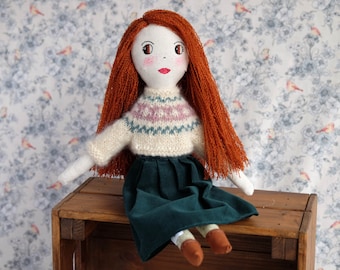 Handmade doll with long hair, Hand-knit doll sweater, Heirloom doll, Soft embroidered doll, Decorative doll for girl room, Smart doll cloth