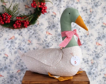 Decorative linen stuffed duck, Green Stuffed Duck with a bow, , Heirloom toys, Soft toys, Gift for kids