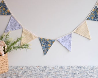 Blue floral print cotton bunting banner garland, Nursery decor, Decorative garland for kids room, One of a kind garland