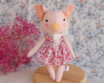 Handmade stuffed piggy girl doll with liberty print dress, Birthday gift for girls, Piggy doll with removable clothes, Animal toys
