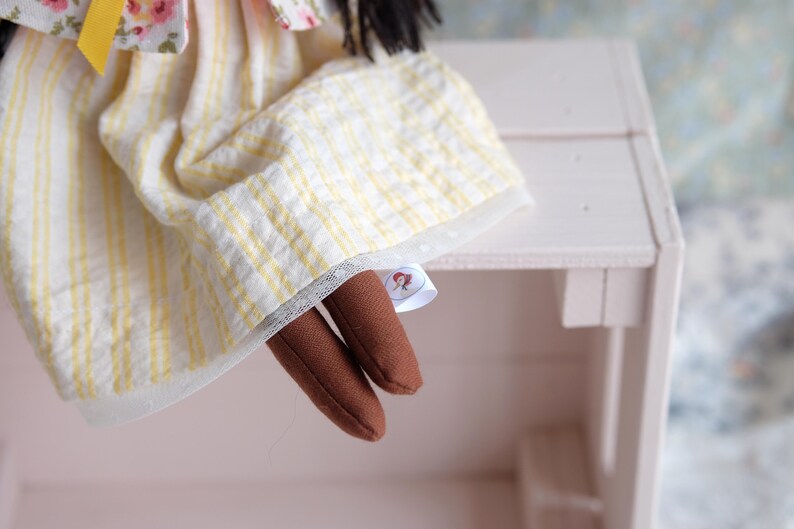 Dark skin textile doll with a flowery cape and a striped dress, Spring rag doll with removable cloths, Decorative doll for girls room image 6