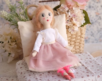 Ballerina rag doll, Handmade ballerina doll 12" with pink tulle, Decorative doll for girls room, Collectible doll, Gifts for girls